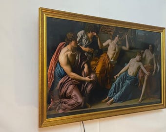 May include: A large, framed painting with a gold-colored frame. The artwork depicts several figures in classical attire, with draped fabrics in shades of red, orange, and blue. The figures are set against a dark background, creating a dramatic effect.
