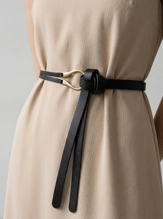 Black PU Leather Knot Belt, Retro Tie Waist, Non-Perforated Adjustable Dress Belt