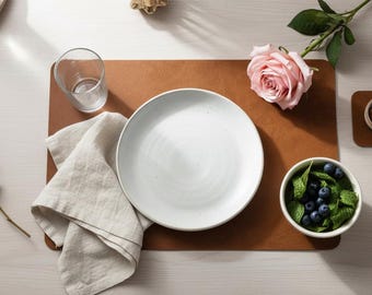 Faux Leather Placemat and Coaster Set, Table Mat, Double Sided, Non Slip Dining Decor