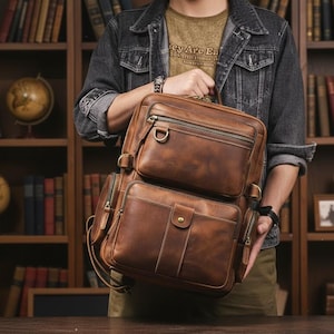 Retro Leder Reiserucksack Schule Arbeitstasche mit großer Kapazität, echte Rindsleder Laptop Rucksack