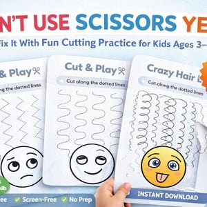Scissor Skills Practice Worksheets Printable | Cutting Practice for Kids Ages 3-5 | Fine Motor PDF | Emoji Haircut Cut and Play Activity