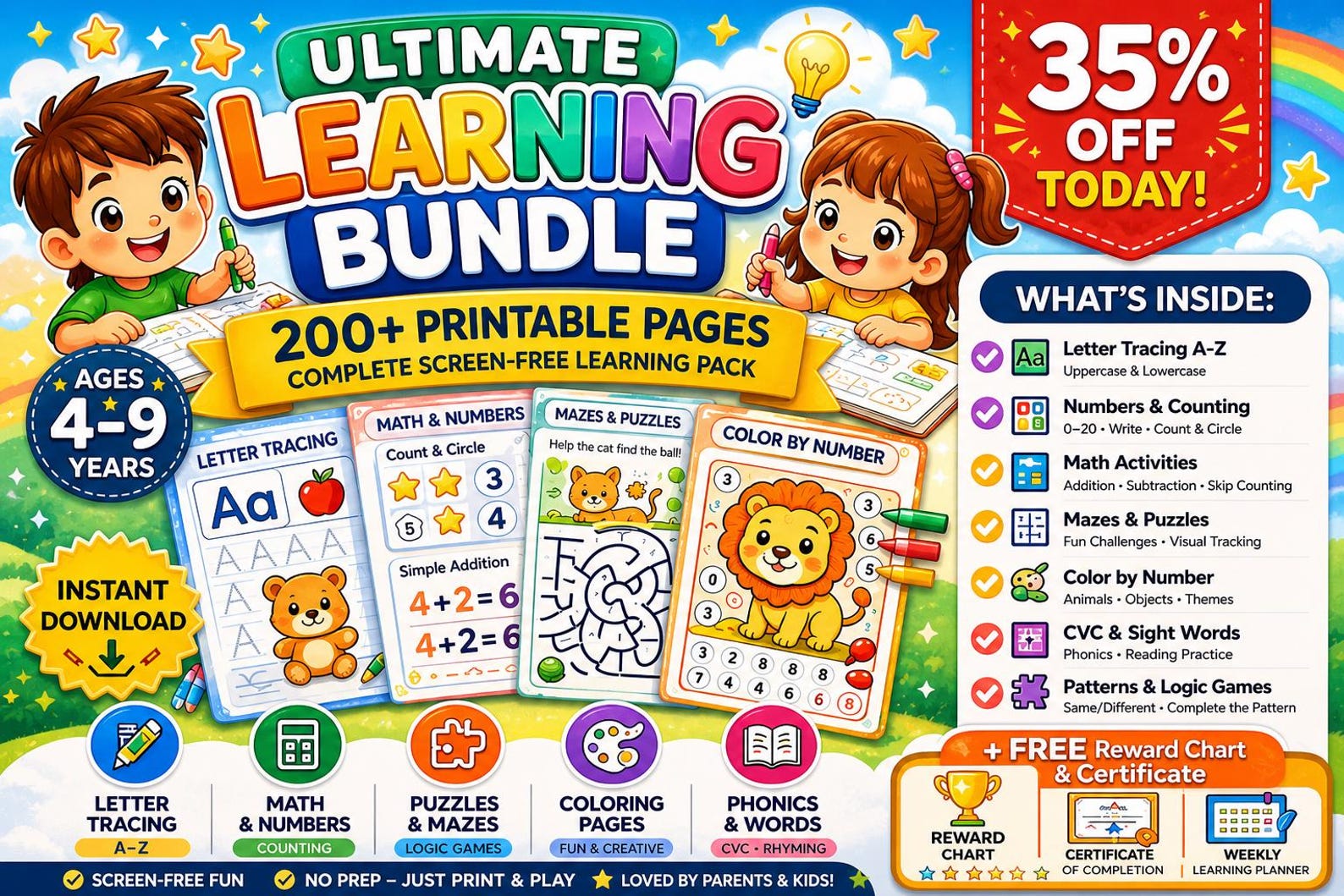 Ultimate Kids Activity Bundle Printable | 200+ Worksheets PDF Ages 4-9 ...