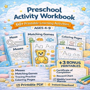 印刷可能な幼児向けワークブック | 60種類以上のアクティビティ | 文字のなぞり書き、算数、論理、塗り絵 | 4～9歳向けホームスクーリング | スクリーンフリー | PDF