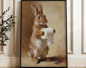 Vintage Funny Easter Bunny Print, Bathroom Antique Romantic Victorian Cottagecore Painting, Easter Rabbit, Digital Download