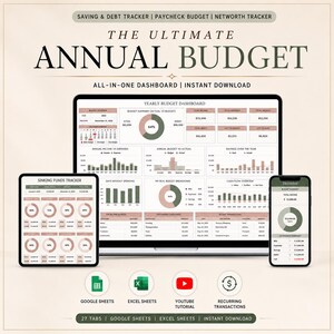 Annual Budget Spreadsheet Google Sheets Excel, 27 tabs Budget Planner, Monthly Budget Tracker, Bill Tracker, Debt Payoff Tracker, Net Worth