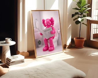Pink Kaws Figure on Toilet Print , Funny Minimalist Bathroom Art , Hypebeast Decor , Printable Wall Art Gift Kaws Poster (Digital Download)