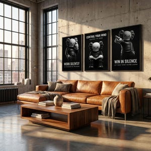 Motiverende KAWS Wall Art Set van 3, werk stil succes mentaliteit poster, Hypebeast Decor, Kaws figuur, Office Wall Art, digitale download