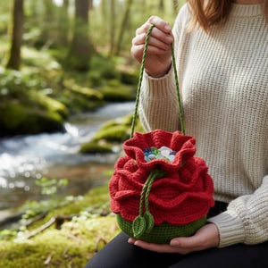 May include: A handmade red crochet bag with a green base and drawstring closure. The bag is shaped like a flower and filled with colorful stones. The bag has a green strap and is held by a person.