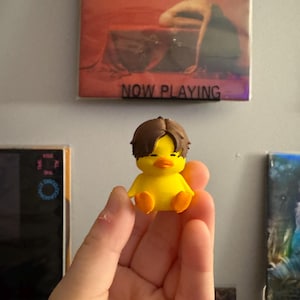 May include: A small, yellow rubber duck with brown hair and orange feet. The duck is held in a hand, with a blurred background featuring album art and the words "NOW PLAYING".