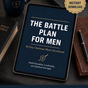 Op de afbeelding: Een digitale tablet toont de tekst "THE BATTLE PLAN FOR MEN", een 30-daagse christelijke mannenandacht. De afbeelding bevat een blauwe mok, een bijbel, een pen en een leren notitieboek. Het ontwerp bevat een schild- en zwaardpictogram.