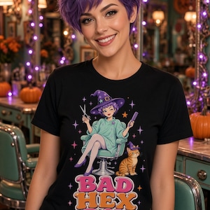 Bad Hex Day Witch Hair Salon T-Shirt, Gothic Pin Up Halloween Shirt, Pixie Cut Hairstylist Tee, Witchy Gift