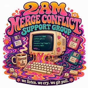 May include: A graphic illustration featuring a vintage computer with a melting screen displaying code, a keyboard, a coffee mug labelled CAFFEINE & CODE, and three floppy disks. The text reads 2AM MERGE CONFLICT SUPPORT GROUP and we listen. we cry. we git pull.