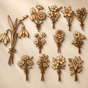 Puede incluir: Una colección de ramos de flores de madera en varios estilos, incluyendo margaritas, rosas y narcisos. Cada ramo está intrincadamente tallado y atado con una cinta. El tono de madera natural crea una estética rústica y elegante.