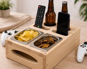 Bandeja para bebidas/refrescos para sala de TV, cortada a laser, ideal para sofá.