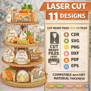 May include: A three-tiered wooden Easter-themed display with laser-cut designs. The display features bunny and carrot cutouts, and the text "Bunny Welcome", "Happy Easter", and "Eggs Hunt". The design includes 11 designs and is compatible with any material thickness.