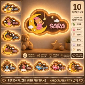 May include: A digital display showing 10 laser-cut wooden wall light designs featuring clouds, moons, stars, and teddy bears. The central design is a cloud-shaped LED light with a yellow moon, a pink-dressed teddy bear, and the name SARA in pink.