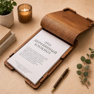May include: A wooden notepad with a hinged cover, open to reveal a stack of white paper. The notepad is made of dark wood and has the text "ДЕРЕВЯННЫЙ БЛОКНОТ" printed on the paper. A pen rests on the surface.