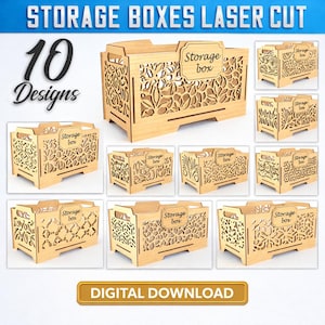 May include: A collection of ten laser-cut wooden storage boxes with intricate floral and geometric designs. Each box features a "Storage box" label. The image includes the text "STORAGE BOXES LASER CUT", "10 Designs", and "DIGITAL DOWNLOAD".