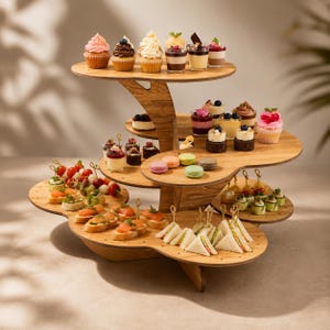 Op de afbeelding: Een houten serveerstandaard met meerdere niveaus met een verscheidenheid aan desserts en hapjes. De standaard bevat cupcakes, mini-parfaits, macarons en sandwiches. De houten standaard heeft een natuurlijke afwerking en een organische vorm.