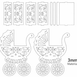 May include: Laser-cut wooden baby carriage and box components. The carriage design features ornate scrollwork and spoked wheels. The box components include decorative panels and side pieces. The text "3mm Material" is visible.
