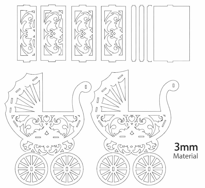 May include: Laser-cut wooden baby carriage and box components. The carriage design features ornate scrollwork and spoked wheels. The box components include decorative panels and side pieces. The text "3mm Material" is visible.