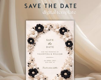 Save the Date Template - Luxury Wedding Digital Invitation - Bridal Floral Haute Couture Beige & Black