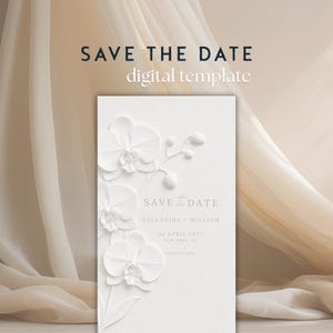 Könnte beinhalten: Eine weiße, rechteckige digitale Save the Date-Vorlage mit geprägten Orchideenblüten auf der linken Seite. Der Text lautet Save the Date, Valentina + William, 24 April 2027, New York, NY und invitation to follow in hellgrauer Schrift.