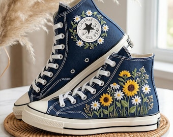 Custom Converse Mini Flower Sneakers, Hand Embroidered Tiny Floral Canvas Shoes, Womens Casual Style