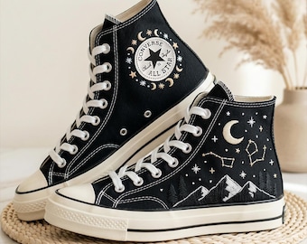 Custom Converse Night Star Sneakers, Hand Embroidered Celestial Canvas Shoes, Womens Galaxy Streetwear Style