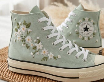 White Sage Converse High Top Sneakers, Hand Embroidered Herbal Botanical Canvas Shoes Earth Tone