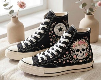 Custom Floral Skull Embroidered Converse High Top, Gothic Canvas Sneakers Gift for Women