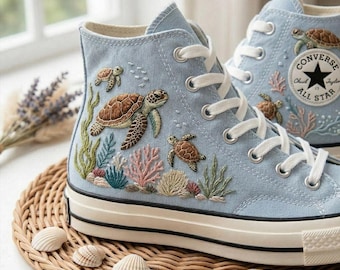 Embroidered Sea Turtle Converse High Top Sneakers, Custom Ocean Embroidery