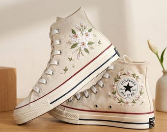 Custom Converse Lily Flower Sneakers, Hand Embroidered Botanical Canvas Shoes, Womens Elegant Floral Style