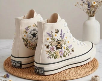 Custom Bee & Floral Embroidered Converse High Top White Chuck Taylor Sneakers