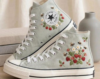 Custom Converse High Top Sneakers, Strawberry Bee Embroidered Canvas Shoes, Botanical Fruit Design