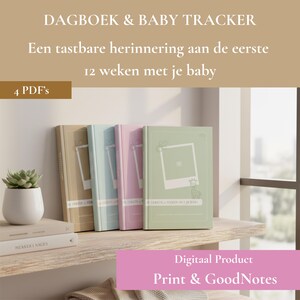 Op de afbeelding: Een verzameling van vier baby-dagboeken in beige, lichtblauw, roze en groen, gerangschikt op een houten plank. Elk dagboek heeft een fotokaderontwerp en tekst. Een kleine pot met vetplant en boeken staan ook op de plank. De tekst luidt "DAGBOEK & BABY TRACKER".
