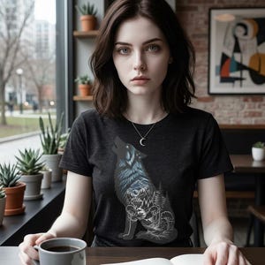 Puede incluir: Camiseta gris oscuro con un gráfico detallado de un lobo aullando con una escena de bosque en su interior. La persona lleva un collar de media luna plateada y sostiene una taza gris. Un cuaderno y un bolígrafo están sobre la mesa.