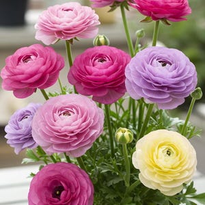 Puede incluir: Un vibrante arreglo de flores de ranúnculo en una variedad de colores, incluyendo rosa, morado y amarillo. Las flores tienen múltiples capas de delicados pétalos y se muestran en una maceta verde. La imagen es un primer plano, destacando los detalles.