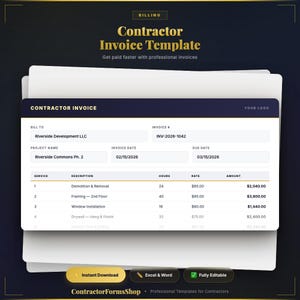 Puede incluir: Una plantilla de factura de contratista con un diseño azul oscuro y dorado. La factura incluye campos para la información de facturación, los detalles del proyecto y un desglose de los servicios, las horas, las tarifas y los importes. El texto "Contractor Invoice Template" se muestra de forma destacada.