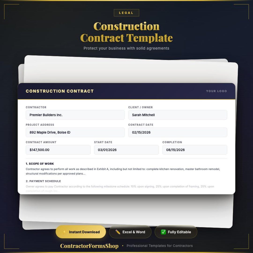 Construction Contract Template | Contractor Agreement | Editable Word ...