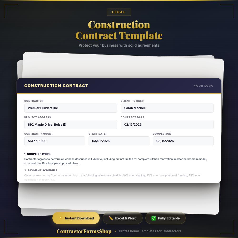 Construction Contract Template | Contractor Agreement | Editable Word ...