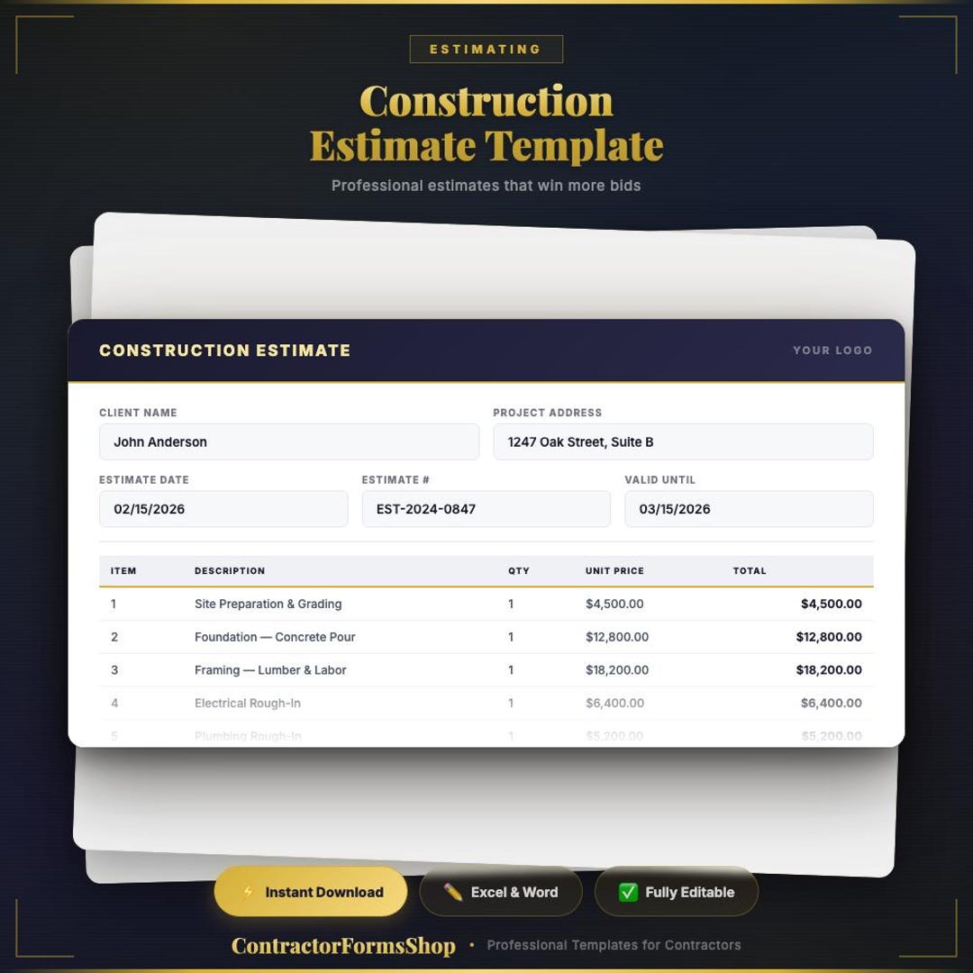 Construction Estimate Template | Contractor Bid Proposal Quote Form ...