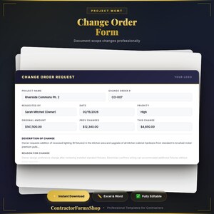 Change Order Form Template | Construction Project Management | Editable Excel PDF | Cost Tracking | Contractor Forms