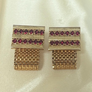 Vintage Gold Tone Ruby Red Rhinestone Chain Cufflinks Mesh Chain Dangle Cuff Links Retro Men's Formal Jewelry