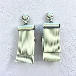 Vintage Silver Tone Fringe Tassel Clip On Earrings | Mid Century Modern Dangle Earrings | Minimalist Statement Jewelry | Retro Mod Clip Ons