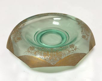 Vintage Green Uranium Glass Console Bowl Gold Gilt Floral Octagon Depression Glass Centerpiece Bowl