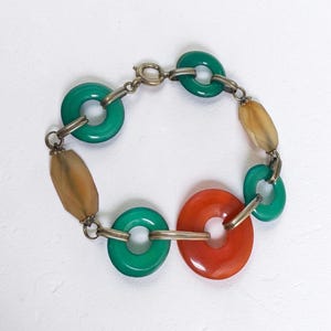 Vintage Mod link Lucite Bracelet, Green Orange Geometric Discs, Retro Statement Jewelry