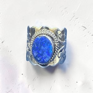Vintage 925 Sterling Silver Blue Opal Statement Ring | Wide Scrollwork Band Southwestern Style