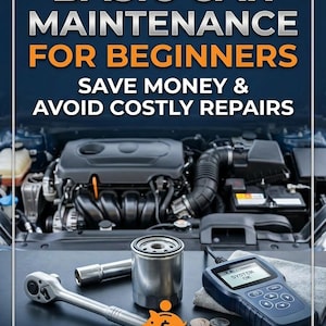 May include: Image promoting basic car maintenance for beginners. The image features a car engine, tools, and text that reads "BASIC CAR MAINTENANCE FOR BEGINNERS" and "SAVE MONEY & AVOID COSTLY REPAIRS". A piggy bank with a dollar sign is also present.