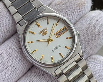 Montre automatique vintage Seiko 5, 21 rubis, cadran blanc, fabriquée au Japon, montre-bracelet pour homme